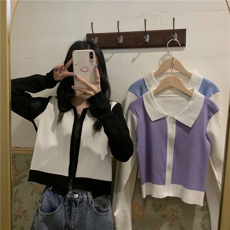 Áo Khoác Cardigan Dệt Kim Tay Dài Có Khóa Kéo Màu Sắc Tương Phản Phong Cách Hàn Quốc Thời Trang 2022 Cho Nữ