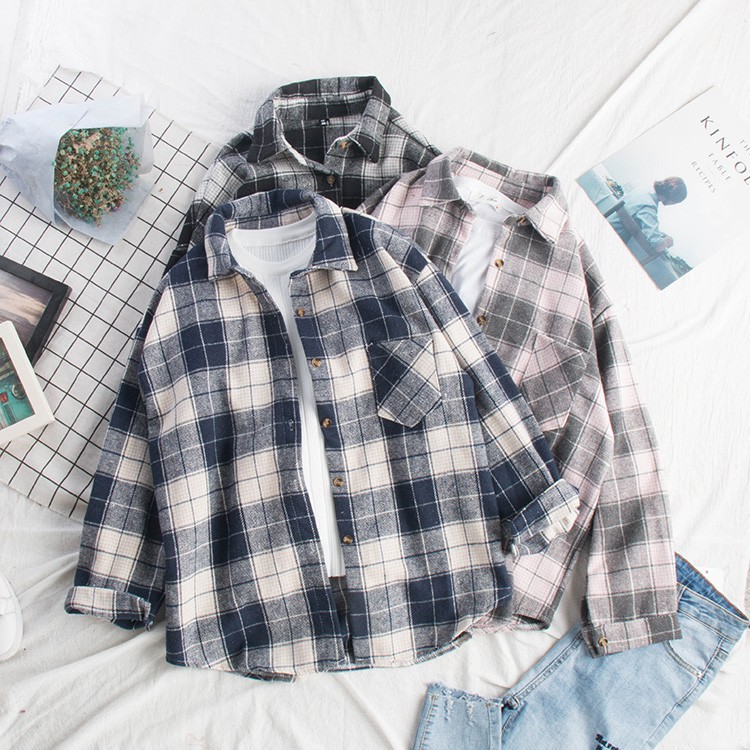 ORDER (có ảnh thật) áo sơ mi vải dạ dày (mùa lạnh) phong cách Vintage Hồng Kông kẻ caro dài tay có túi ở ngực