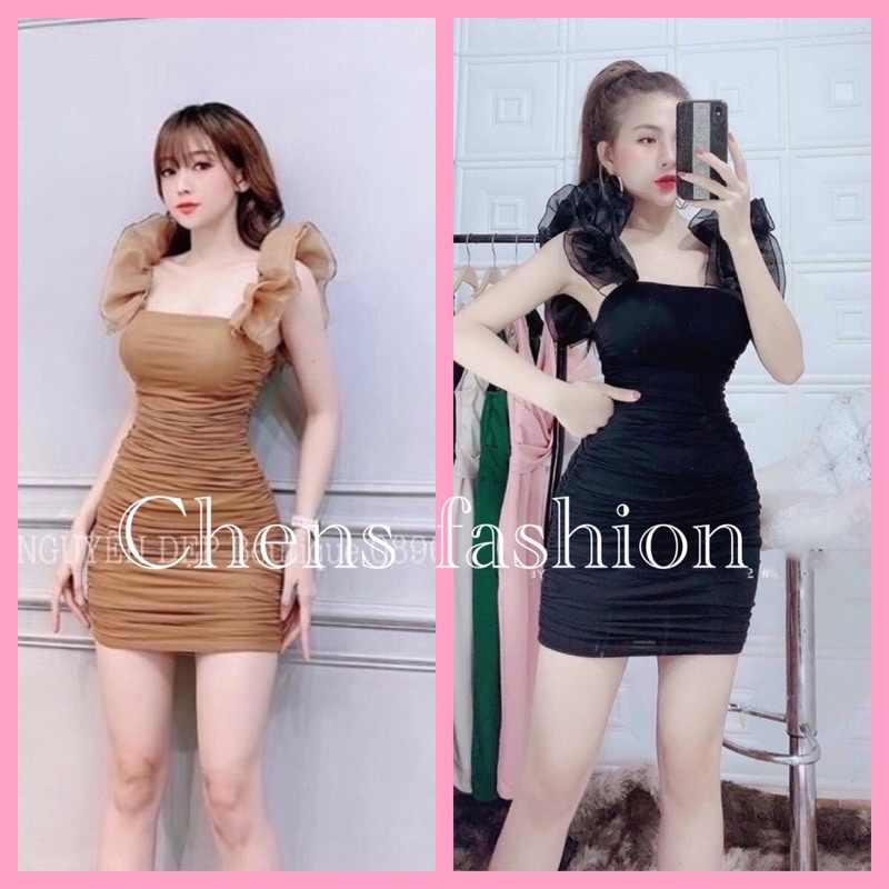 [ Mã FAMANU93 giảm 10% đơn 0đ ] Váy body trễ vai nhún eo phối bèo mặc 2 kiểu, đầm nữ 2D xinh