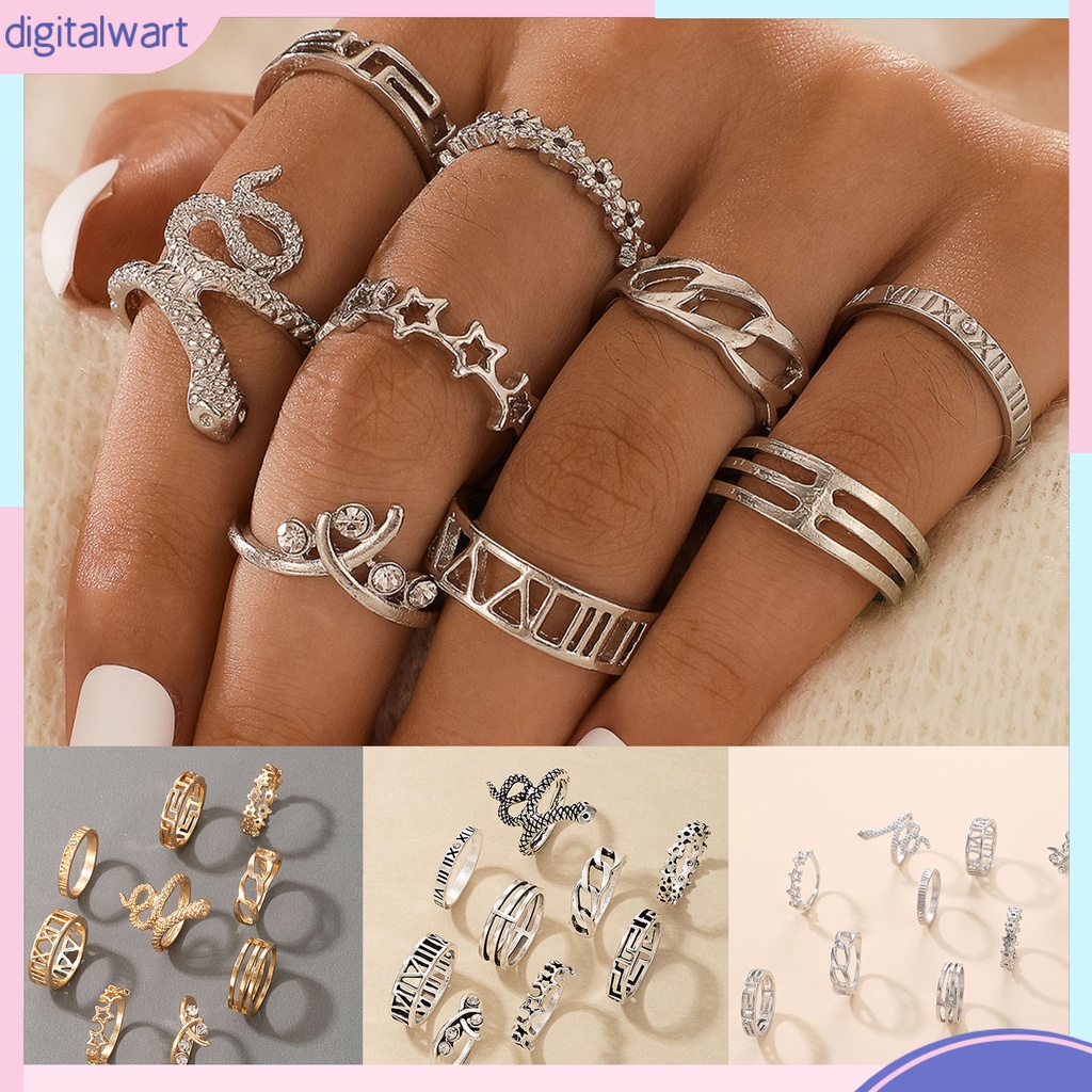 Set 9 Nhẫn Đeo Khớp Ngón Tay Thiết Kế Hình Rắn Độc Đáo Thời Trang Cho Nữ