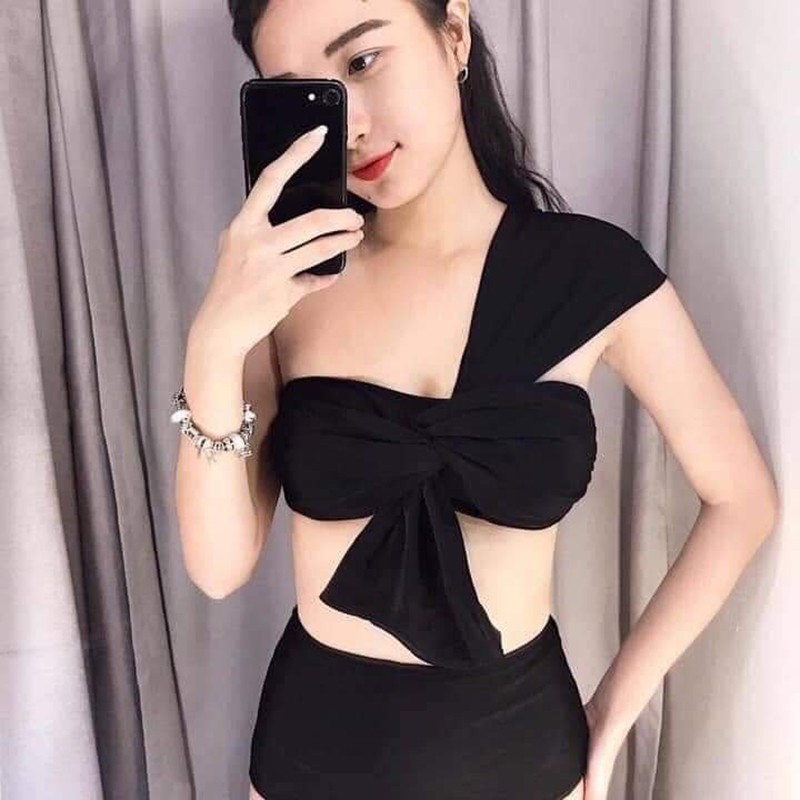 Bộ bơi bikini 2 mảnh lệch vai thắt nơ cạp cao giấu bụng tôn dáng Đồ Bơi Mút Ngực dày nâng ngực cực tốt | QP010