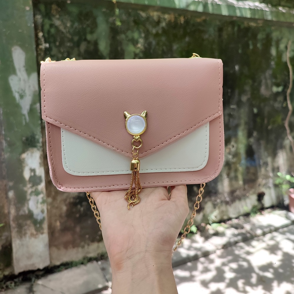 Túi Đeo Chéo Nữ Đính Logo Mèo Dễ Thương Kèm Ảnh Thật