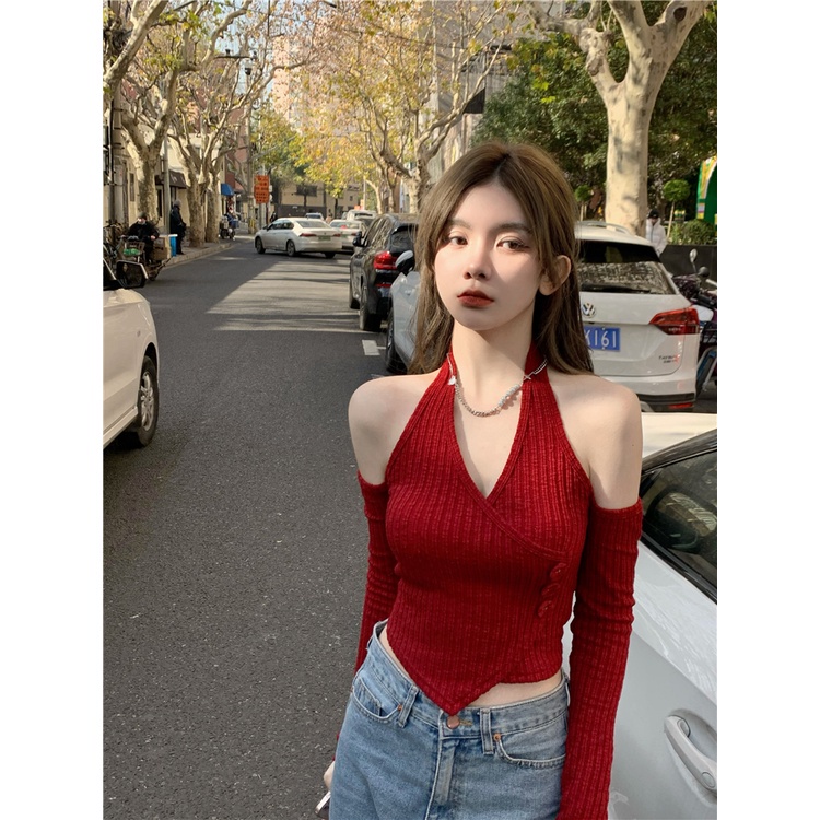 Áo dệt kim tay dài trễ vai thời trang cho nữ