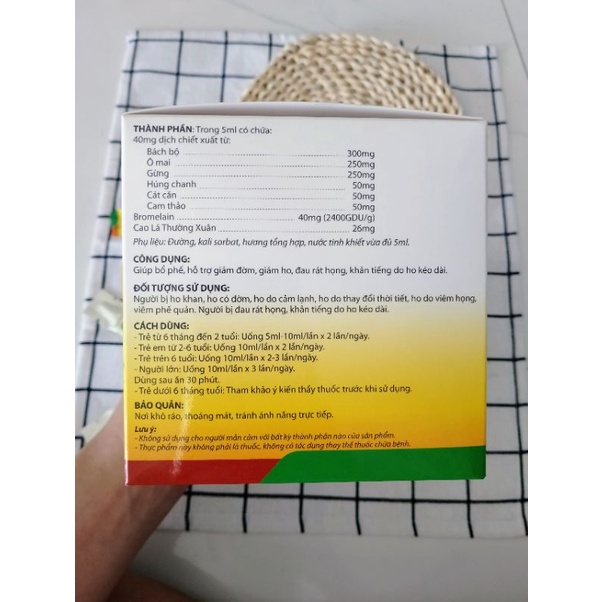Siro ho cảm, đau rát họng, khản tiếng, viêm phế quản BROMELAIN. Hộp 60 gói.