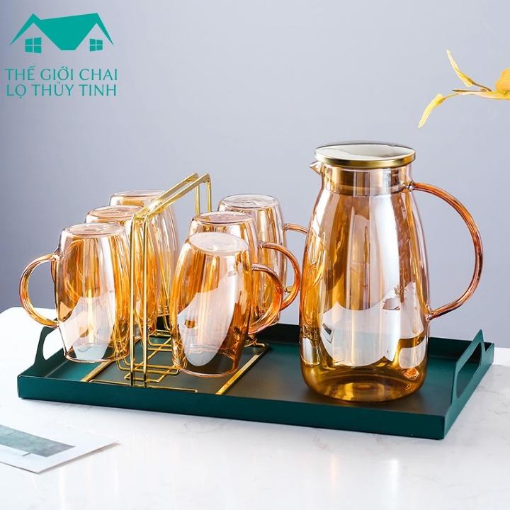 Bộ bình thủy tinh 💦 Hổ Phách 💦 6 cốc 1 bình giá treo khay mạ vàng đựng nước nước ép detox -