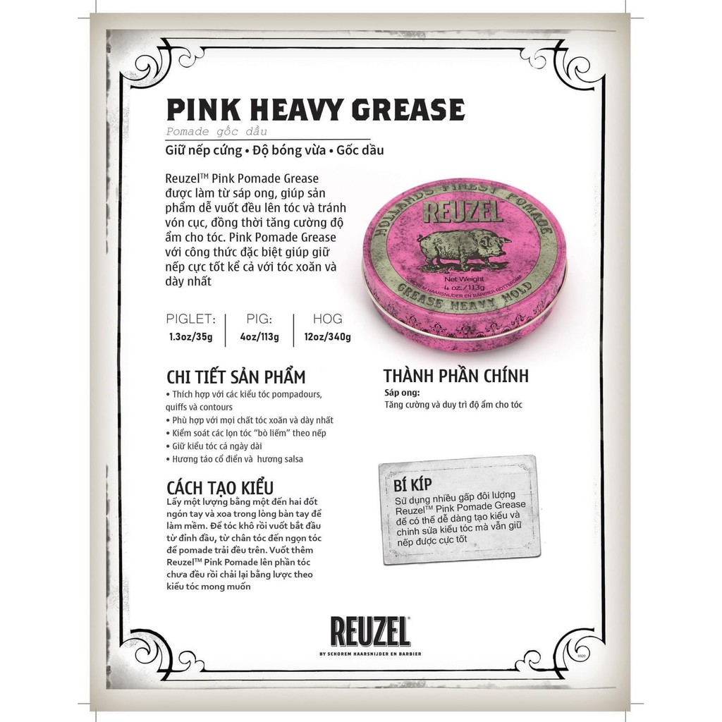 Sáp Vuốt Tóc Reuzel Pink Pomade Grease Heavy Hold Chính Hãng Pomade Heo Hồng