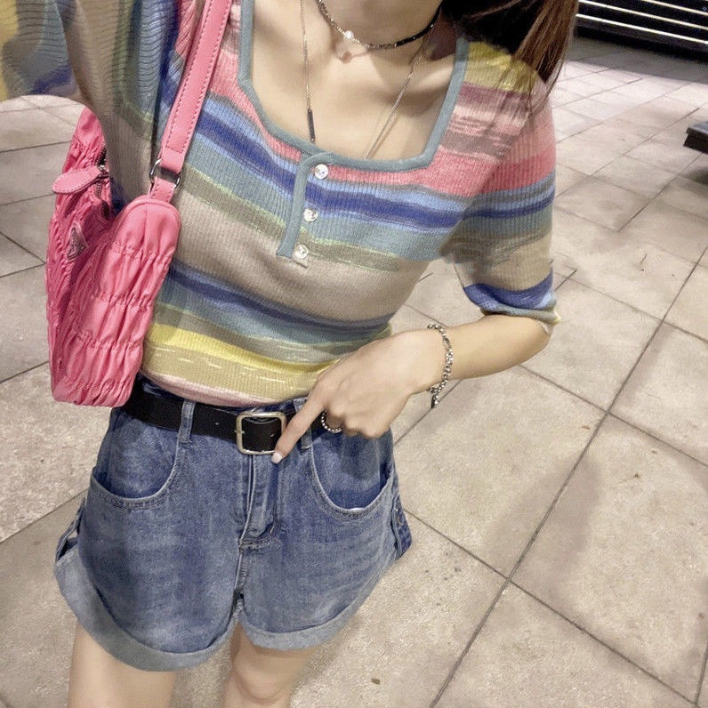 COZOK Áo Thun Dệt Kim Ngắn Tay Cổ Vuông Họa Tiết Sọc Cầu Vồng Cá Tính