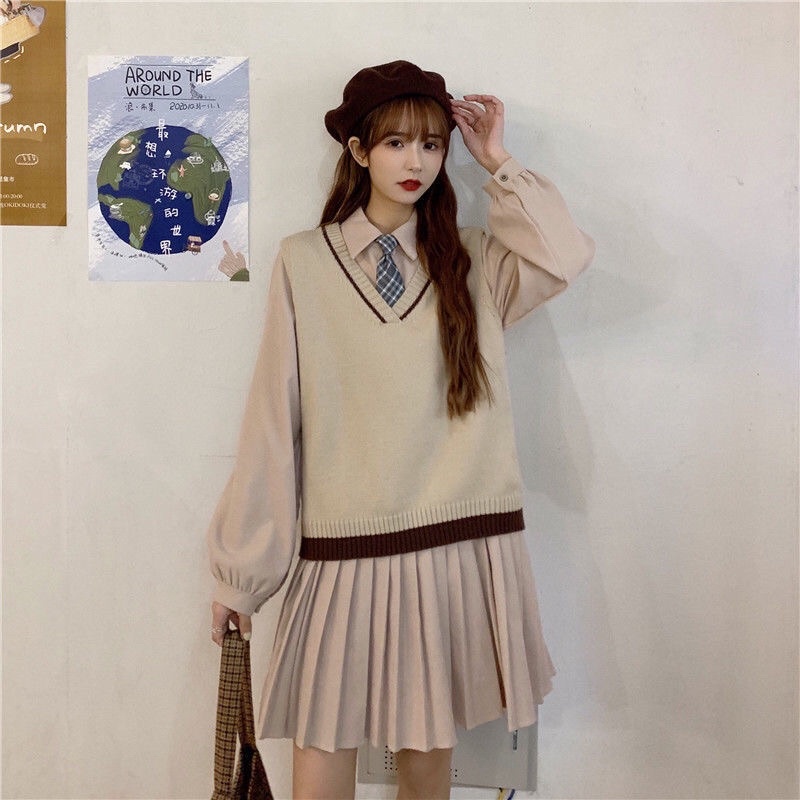 Có Sẵn -Sét váy+gile+cà vạt -kẻ dáng hàn quốc -ulzzang -  chất  tăm gile len hàng quảng châu loại 1 dáng xoè xếp ly | BigBuy360 - bigbuy360.vn