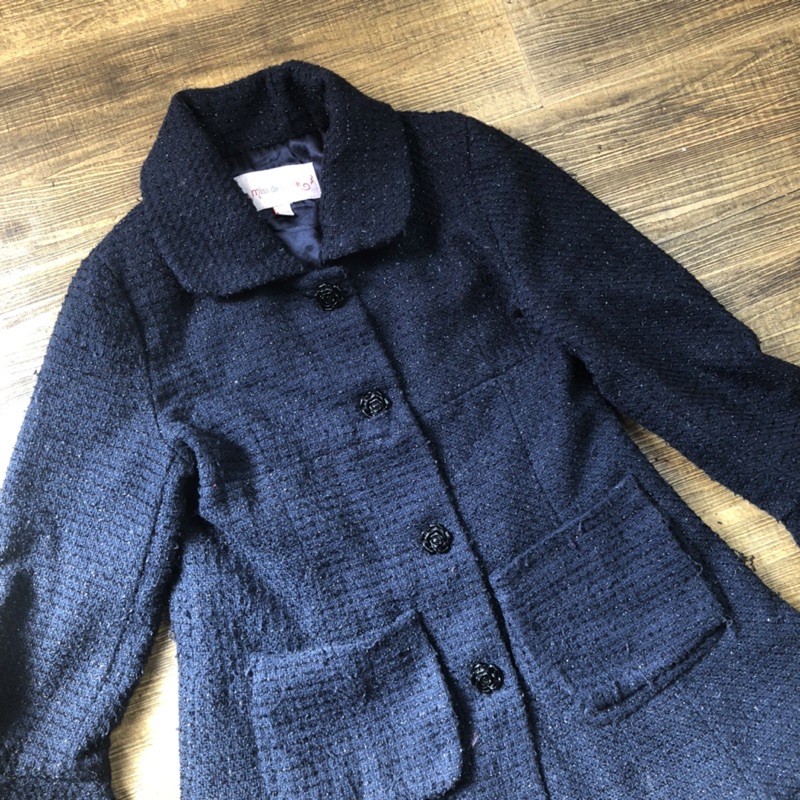 Áo khoác dạ tweed dài tay form dài viền ren tiểu thư màu xanh đen