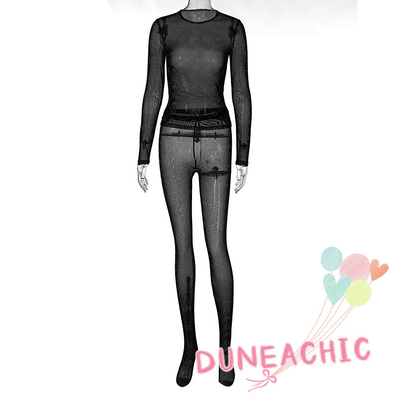 Set đồ DUNEA gồm áo thun tay dài xuyên thấu và quần dài lưng cao thời trang dành cho nữ