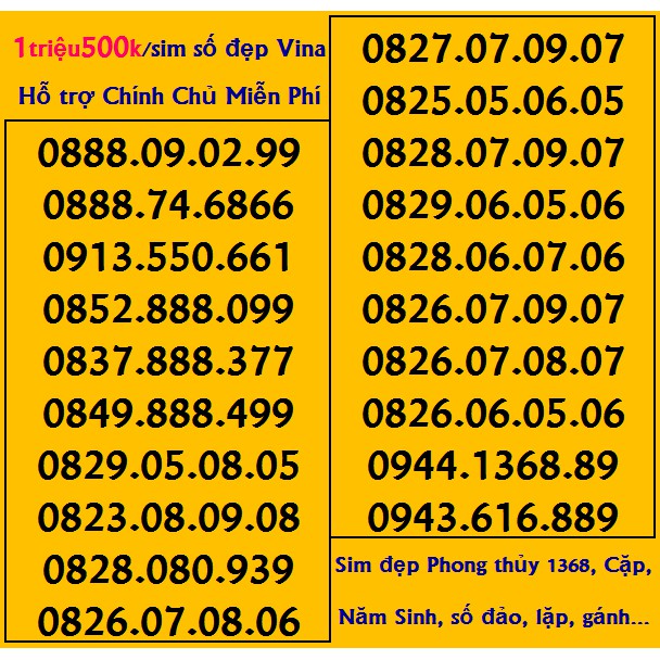 Sim Đẹp VINA ĐỒNG GIÁ 1tr500k Năm Sinh, Phong thủy, số lặp...HỖ TRỢ ĐĂNG KÝ CHÍNH CHỦ MIỄN PHÍ NHIỀU GÓI KM CỦA VINA