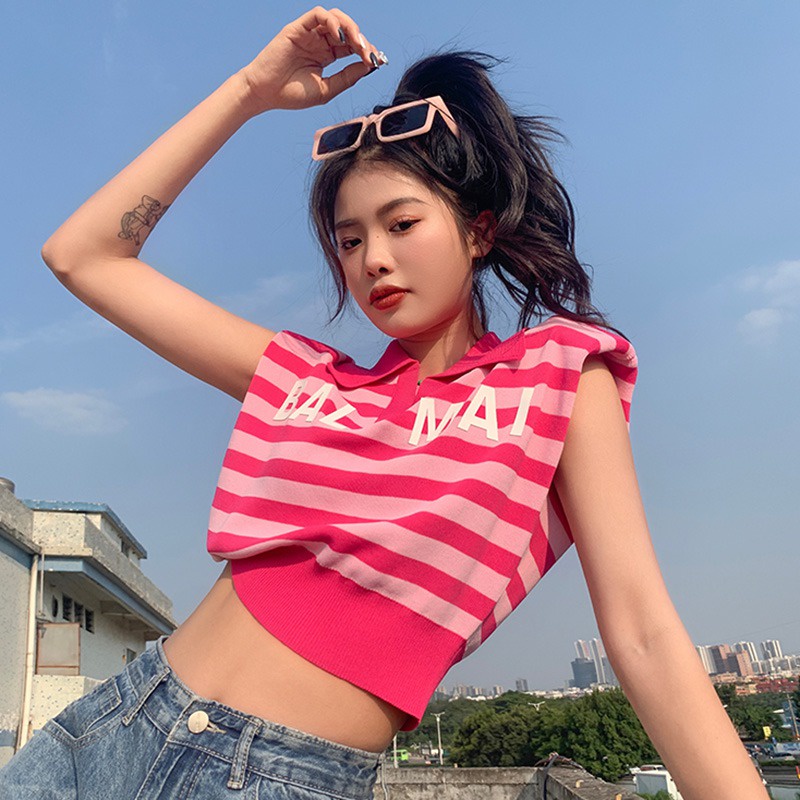 Áo Lửng Không Tay Cổ V Họa Tiết Sọc Ngang Thời Trang Nữ