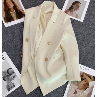 Áo khoác vest blazer nữ 2 lớp cúc đồng, hàn quốc, dáng dài, cao cấp