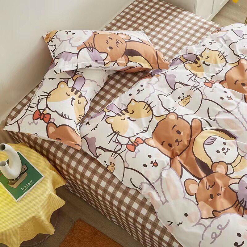 Bộ chăn ga gối Poly Cotton Mèo Thỏ nhí nhố đáng yêu (Tặng vỏ gối ôm) - Miễn phí bo chun