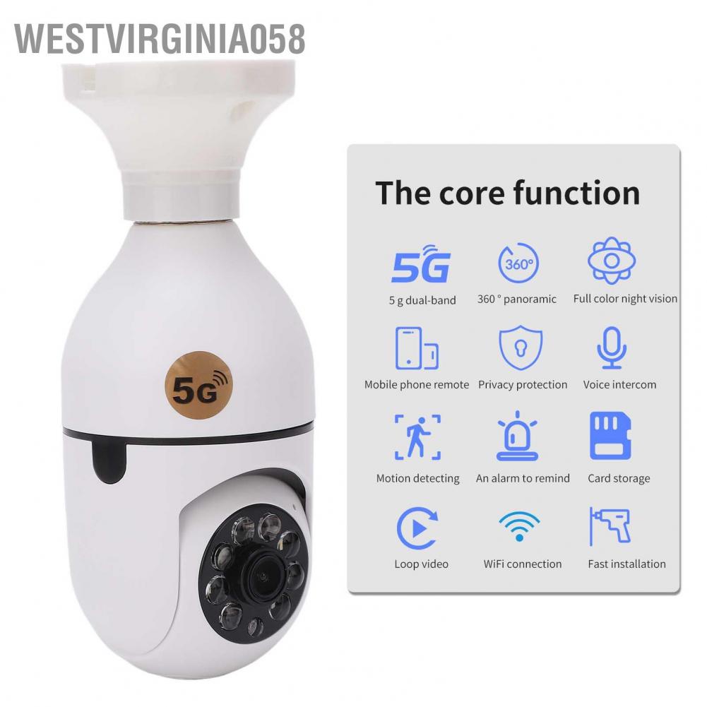 Có thể bán buôn Giá đỡ đèn Camera không dây 360 độ 2.4GHz và 5G WiFi 110‑220V 1080p bóng phát hiện chuyển động Hàng giao ngayWestvirginia058