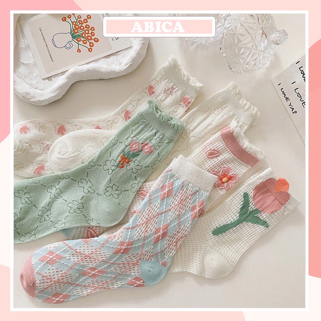 Tất nữ cao cổ nhún vớ ren thời trang lolita phong cách công chúa dễ thương chất cotton co giãn thoáng khí ABICA TD047