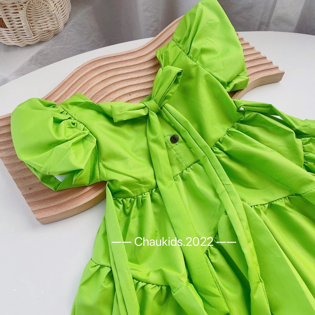 Váy xòe tầng bé gái, cặp váy thô tay bồng giả 3 tầng màu vàng cam- xanh cốm siêu hot cho bé