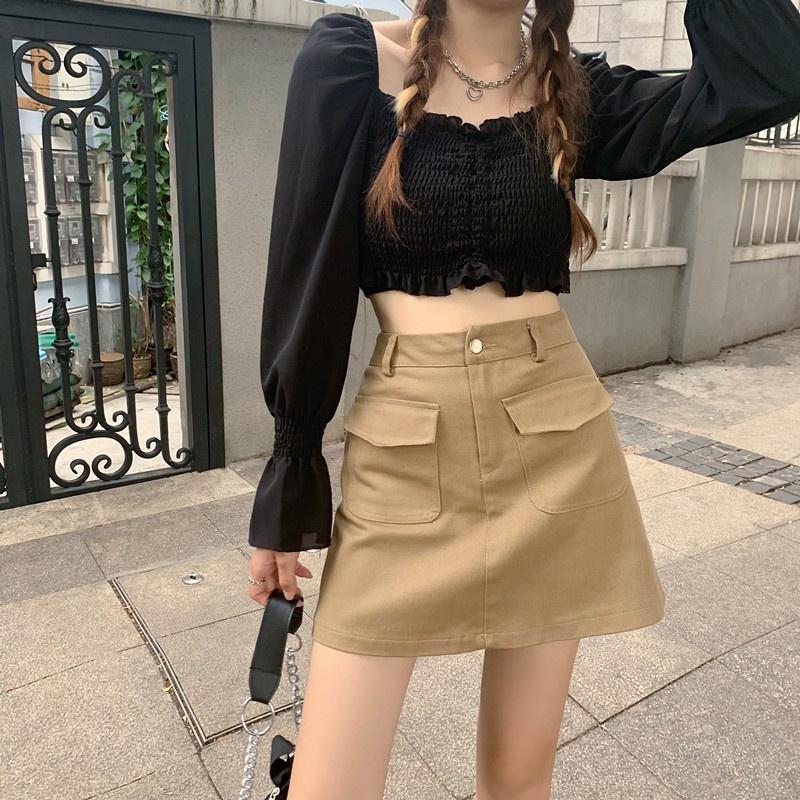 QADCOL Set Áo Thun Ngắn Tay Cổ Tròn + Chân Váy Jeans Chữ A Thời Trang Nữ Mới