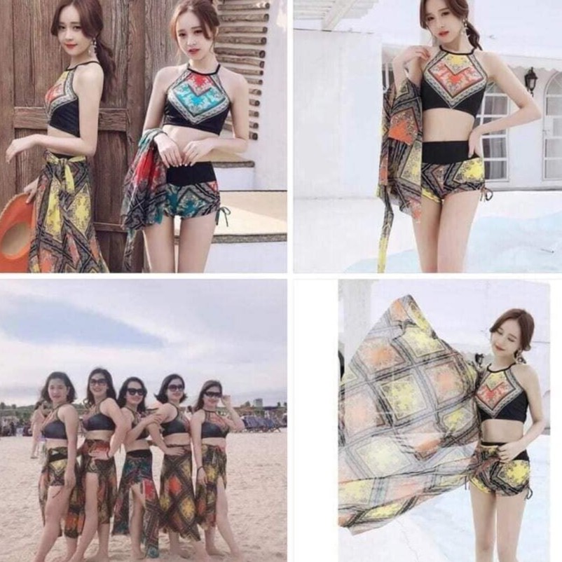 Bộ Đồ Bơi Cổ Yếm Họa Tiết Thổ Cẩm (Set 3 Chi Tiết)