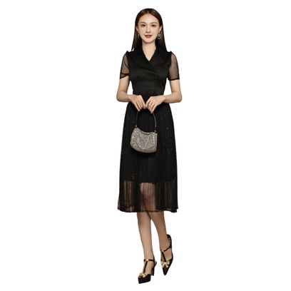 ĐẦM XÒE LỤA DẬP LY DÁNG DÀI CỔ VEST GỢN SÓNG SIÊU SANG - KLCT196470 - HÀNG QUẢNG CHÂU