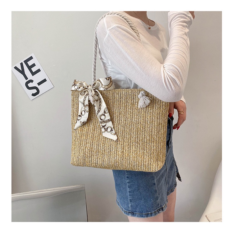 Túi Cói Đi Biển Dáng Vuông Lớn Quai Thừng Phối Dây Vải RQN2060