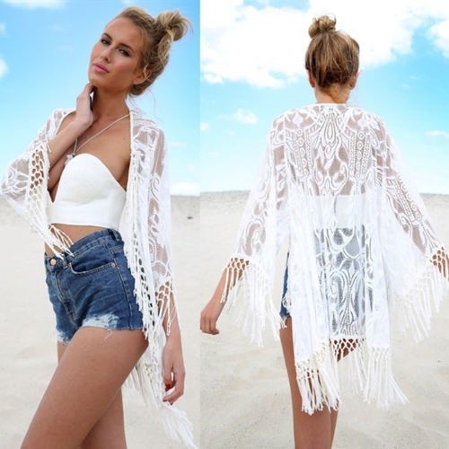 ☛☏❤Sexy Women Lace Crochet Tassel Bikini Swimwear Cover Up Beach Dress Kaftan Clothing