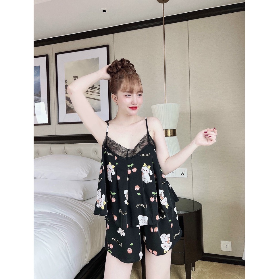 Đồ ngủ sexy nữ  đồ bộ mặc nhà 2 dây quần đùi lụa mango cao cấp mát nhẹ thoái mái