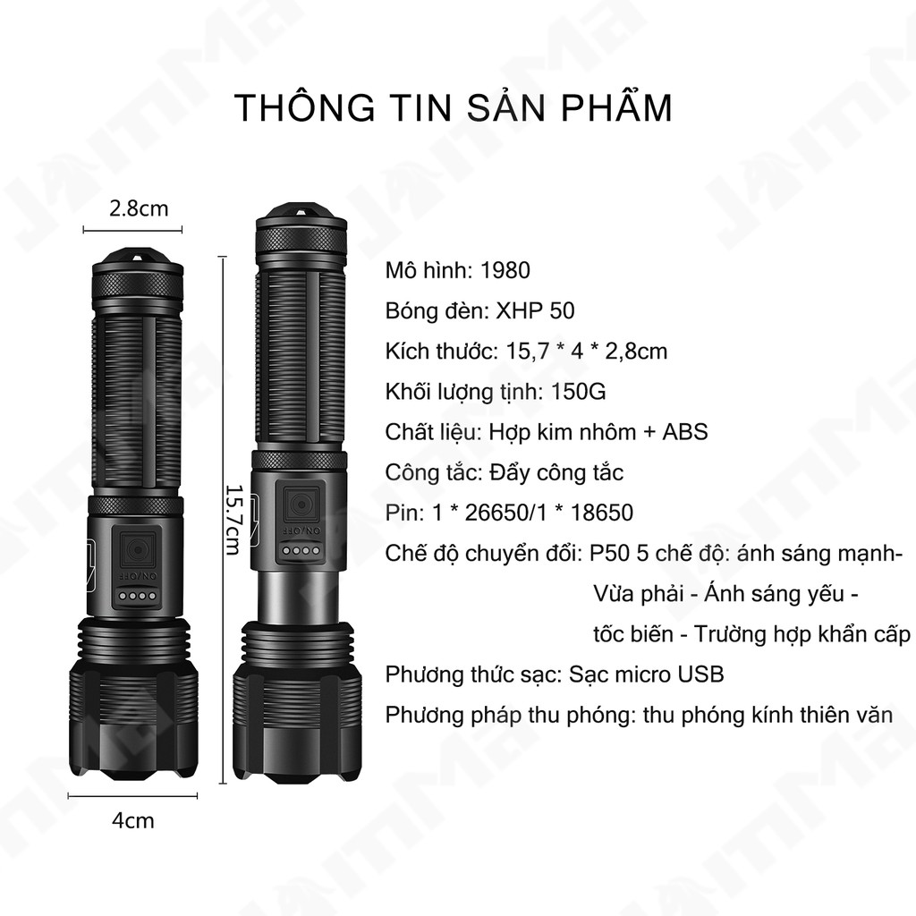 Đèn pin Xhp50 không thấm nước pin 18650 có thể sạc lại qua USB | BigBuy360 - bigbuy360.vn