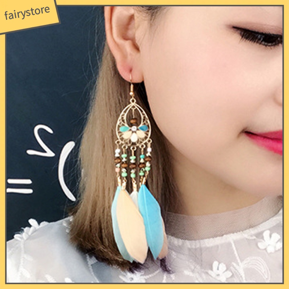 Hoa Tai Dáng Dài Phối Lông Vũ Phong Cách Bohomian