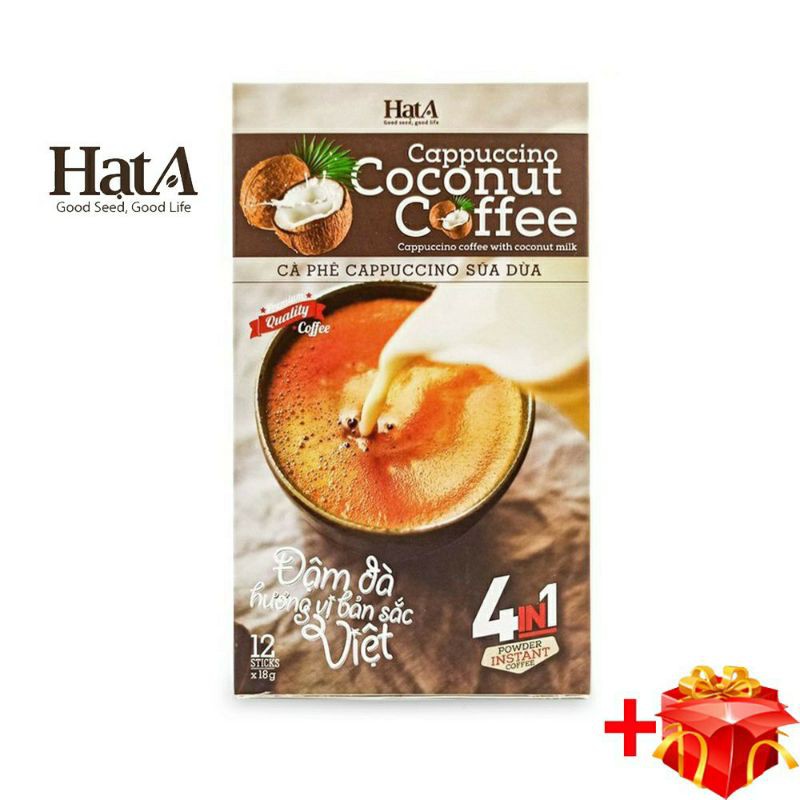 Cà phê hòa tan Cappuccino Hạt A Cafe 4in1 vị sữa dừa tự nhiên 216gr/12 gói