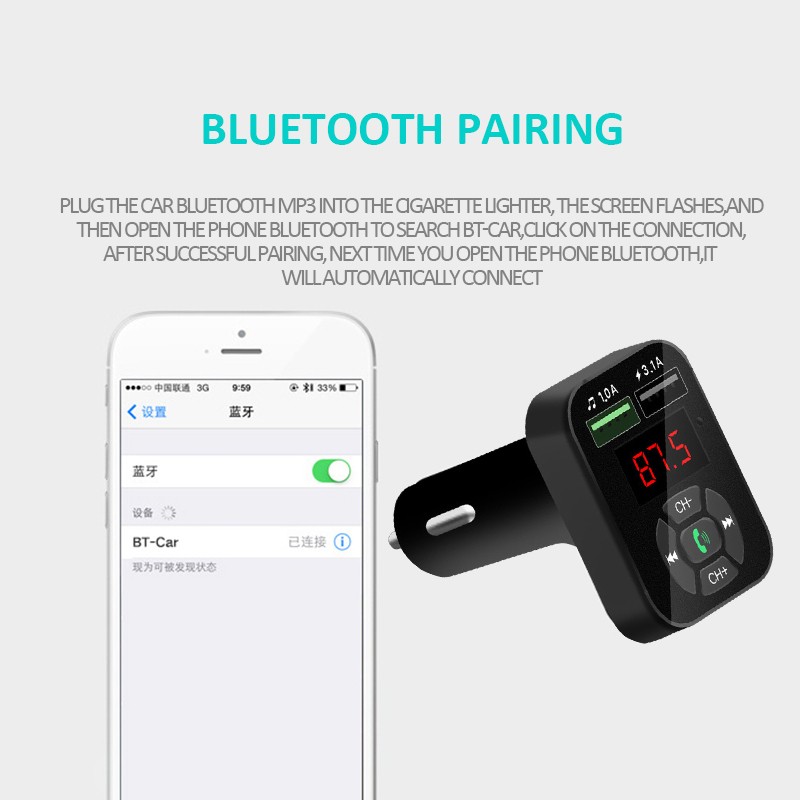 Máy Nghe Nhạc Mp3 Kết Nối Bluetooth Tích Hợp Đài Fm / Đọc Thẻ Nhớ Tf Hai Cổng Usb Cho Xe Hơi