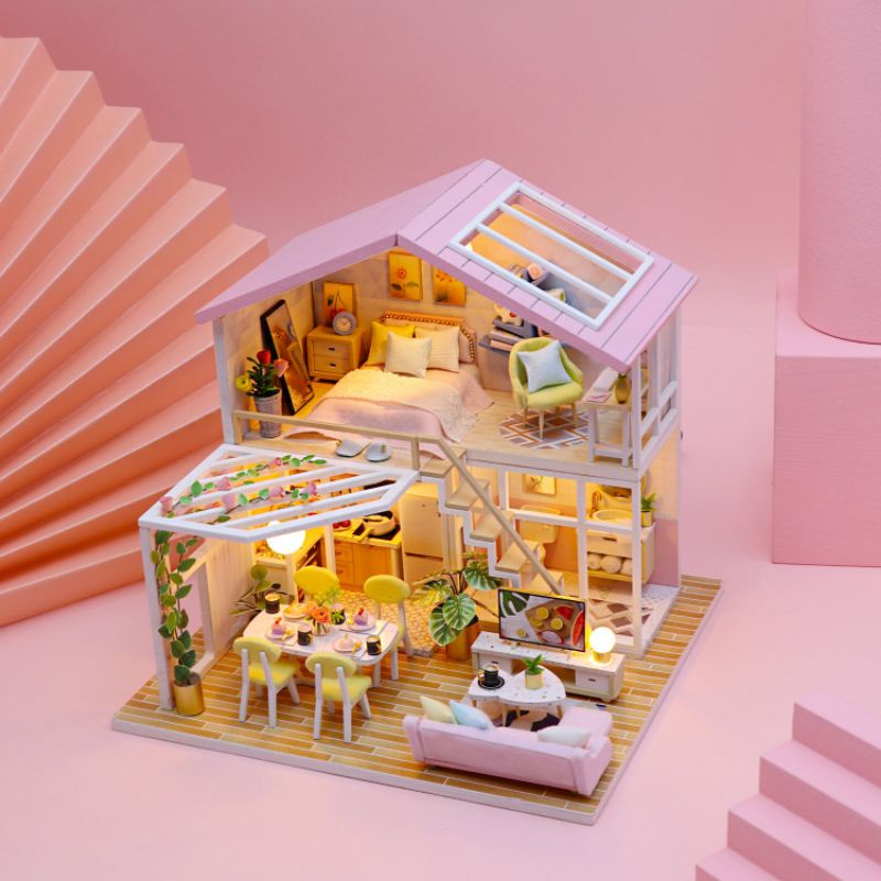 Mô hình mini nhà búp bê tí hon DIY Sweet Time 2 tầng màu hồng xinh xắn, dễ thương - Doll Gift Shop