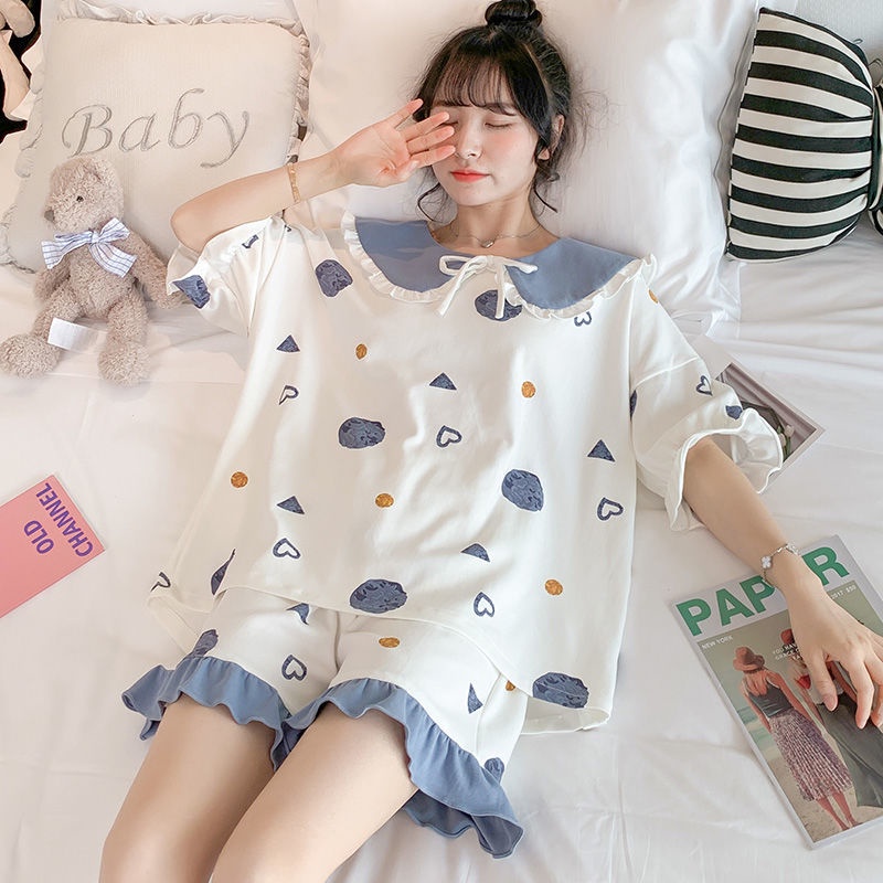 Bộ Đồ Ngủ Tay Ngắn In Họa Tiết Dễ Thương Phong Cách Hàn Quốc Cho Nữ