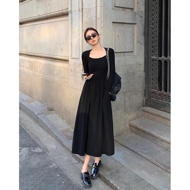 Đầm thun maxi,cổ tam giác,tay dài,tùng váy xoè cực strend.