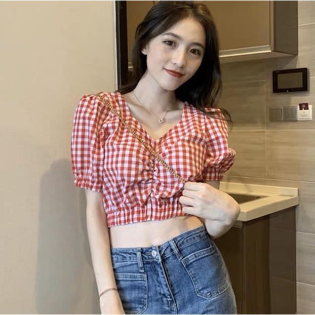 Áo Croptop Caro Cổ Tim Nhún Ngực Tay Phồng Bo Eo Nữ Màu Xanh/Đen/Vàng/Hồng Đỏ DRACR09 Mys Unicorn Fashion