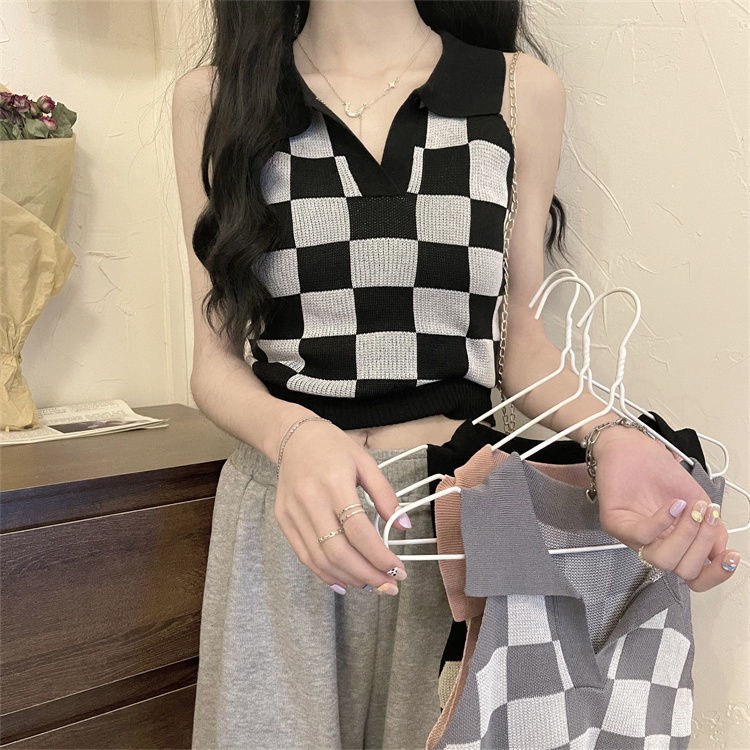 Áo polo 3 lỗ kẻ caro croptop dệt kim cực xinh