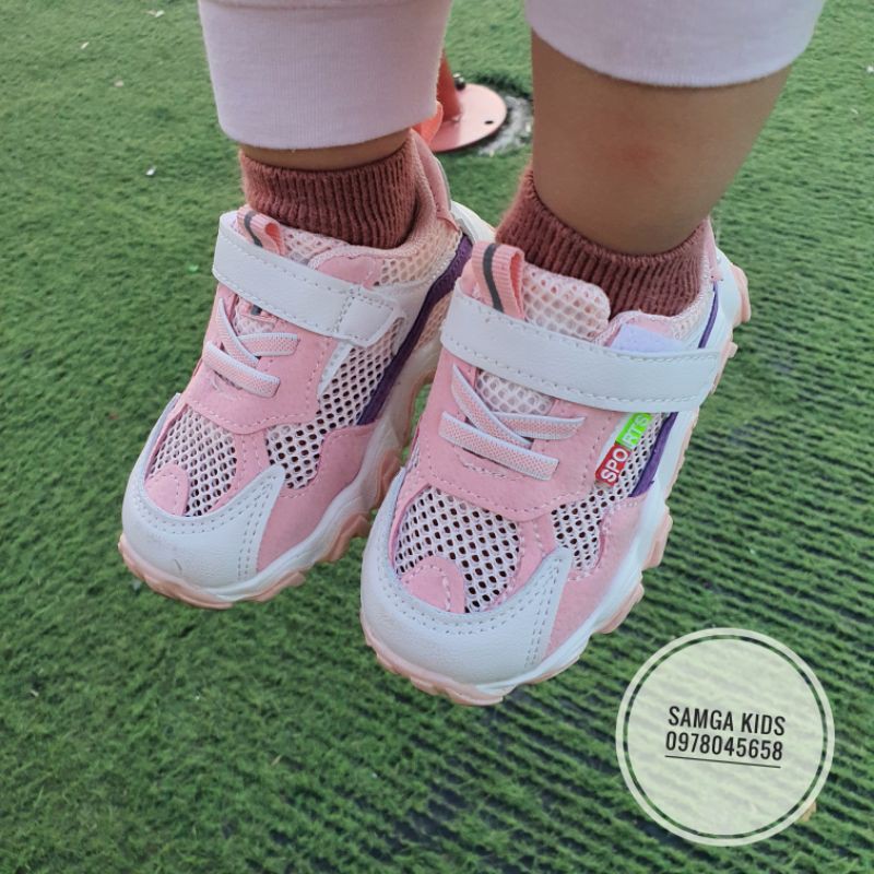 Giày thể thao tập đi cho bé gái - Giày tập đi phối lưới thoáng chân cho bé gái SPORTS quai dán đế cao su mềm A11
