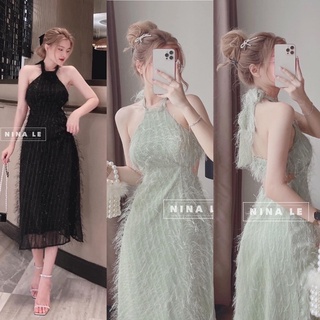ĐẦM MAXI LÔNG VŨ CỔ YẾM KHOÉT EO HỞ LƯNG