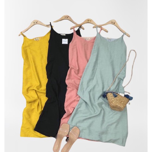 Đầm 2 dây nữ dáng suông vải đũi màu pastel form rộng vải mềm Bingshop