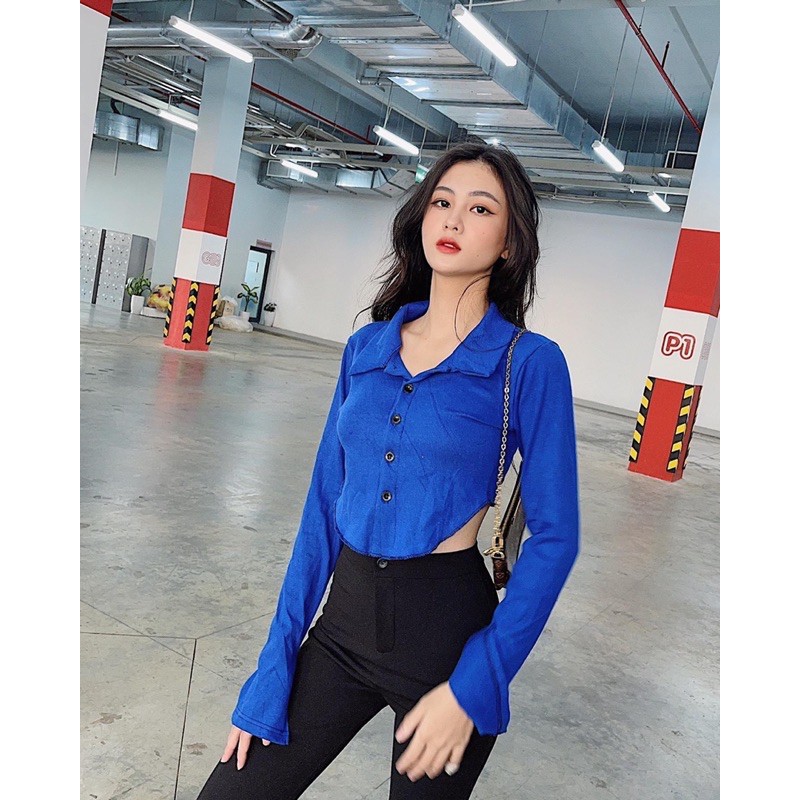 Áo Croptop Polo Nút Tà Bầu Cổ Bẻ Basic Siêu Xinh
