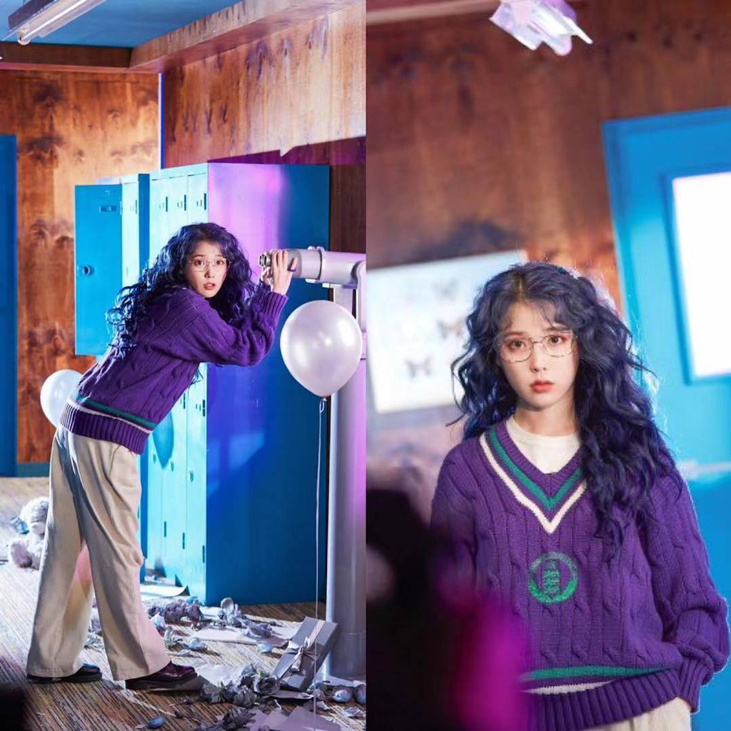 (HÀNG SẴN) Áo len nữ vặn thừng cổ V phối viền màu tím style ngôi sao Ido IU đáng yêu Hàn Quốc
