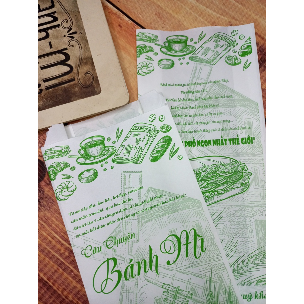 100 túi giấy ĐỰNG BÁNH MÌ TRUYỀN THỐNG Họa Tiết Xanh  / Giấy Thực Phẩm kraft