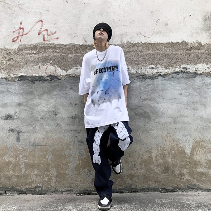 Áo thun ngắn tay cổ tròn dáng rộng in họa tiết gothic thời trang mùa hè dành cho nam size S-5Xl