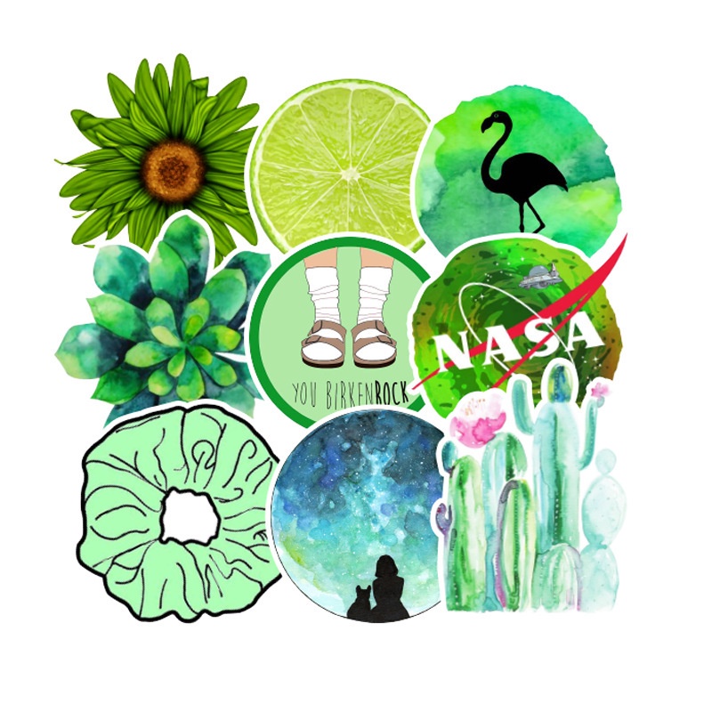 50 Sticker MÀU XANH LÁ chống nước sticker dán laptop, điện thoại, đàn guitar, mũ bảo hiểm, vali không trùng nhau