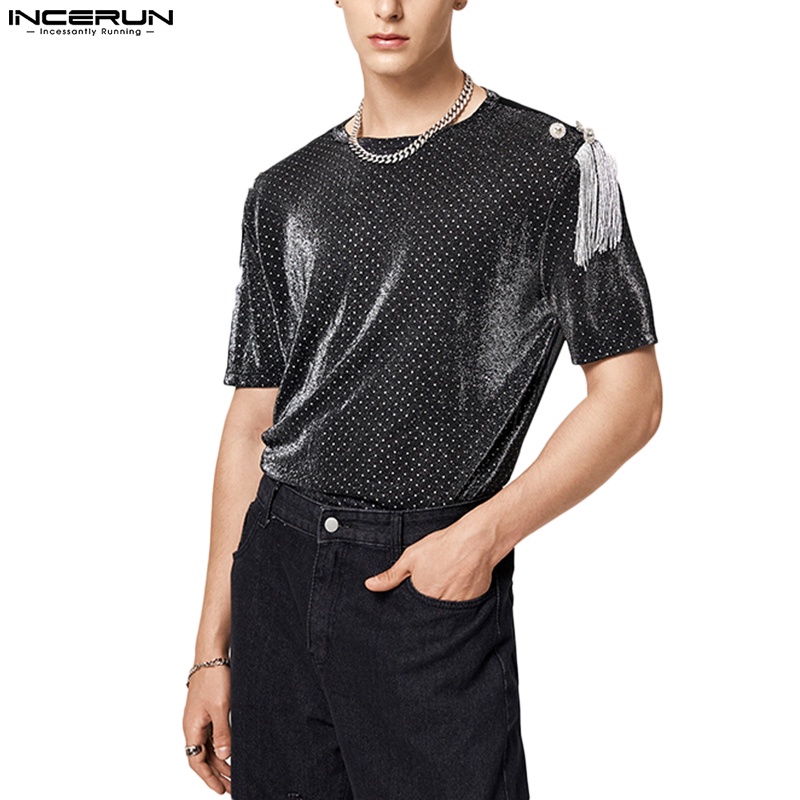 Áo thun Incerun đen ngắn tay phối tua rua sau lưng thời trang cho nam