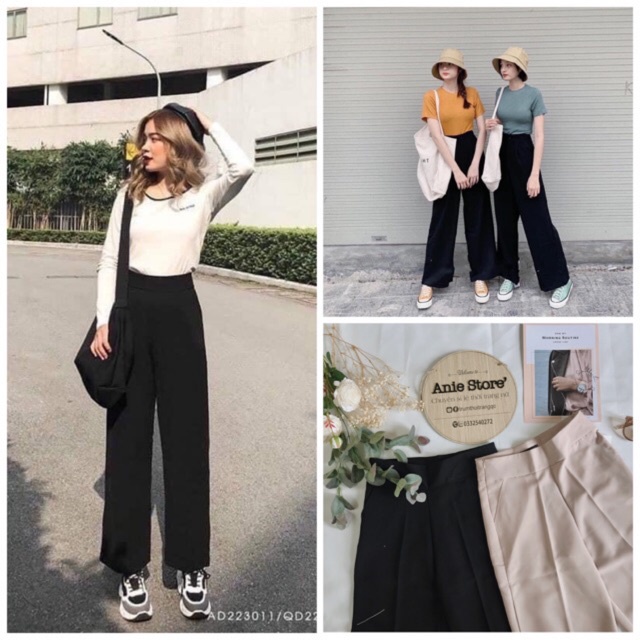 Quần ống rộng khóa sườn cạp cao dáng dài chất vải mềm màu đen - Quần tây lưng cao nữ đi học ống suông mặc đi làm công sở | BigBuy360 - bigbuy360.vn