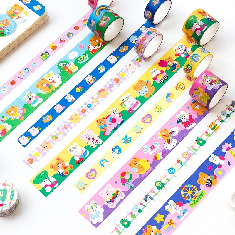 Washi Tape Cuộn băng dính washi tape dài 3 mét hình chủ đề gấu sticker dán trang trí sổ planner bullet journal