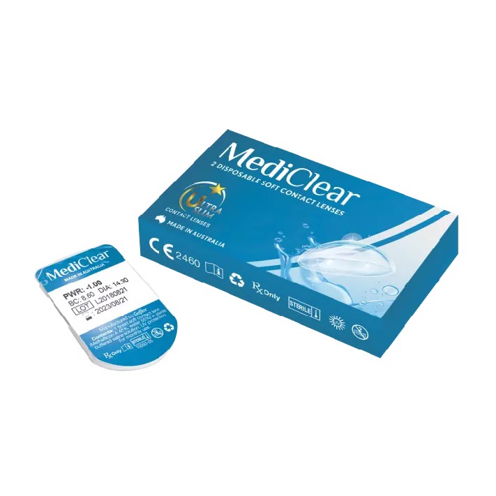 [COMBO B] Một Cặp Kính Áp Tròng Úc Cận Thị Mediclear 3 Tháng (1.00 - 15.00 độ) + Nước Ngâm + Nhỏ Mắt