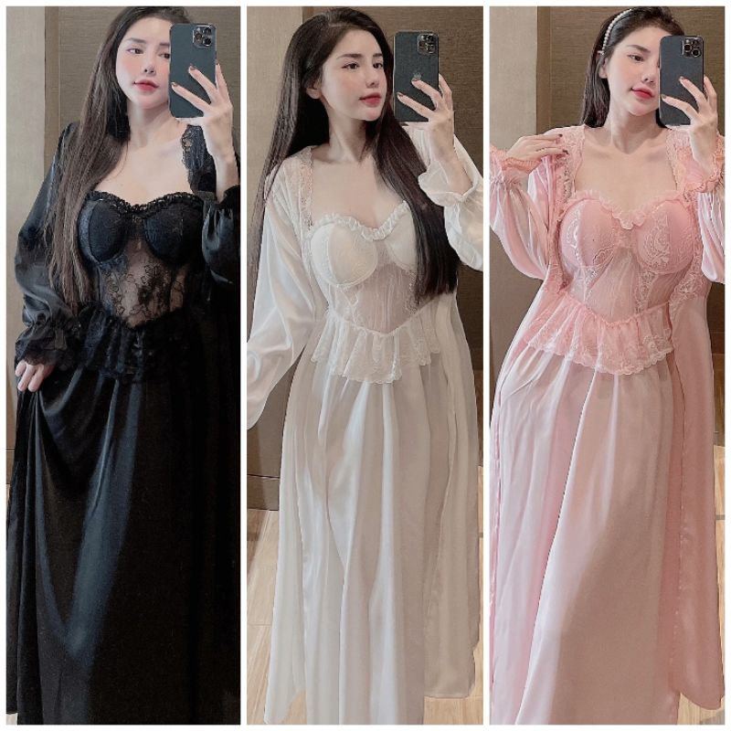 Đồ ngủ nữ Váy 2 dây sexy có mút ngực kèm áo choàng có dây thắt lưng Lụa mềm mát