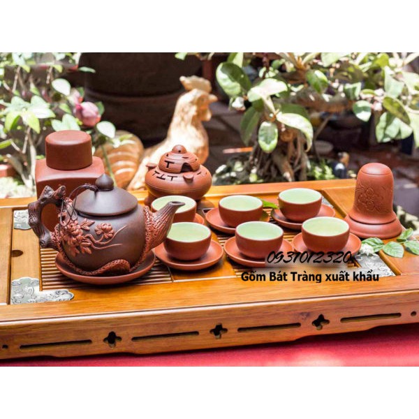 Bộ trà phù dung vàng men tử sa kèm phụ kiện